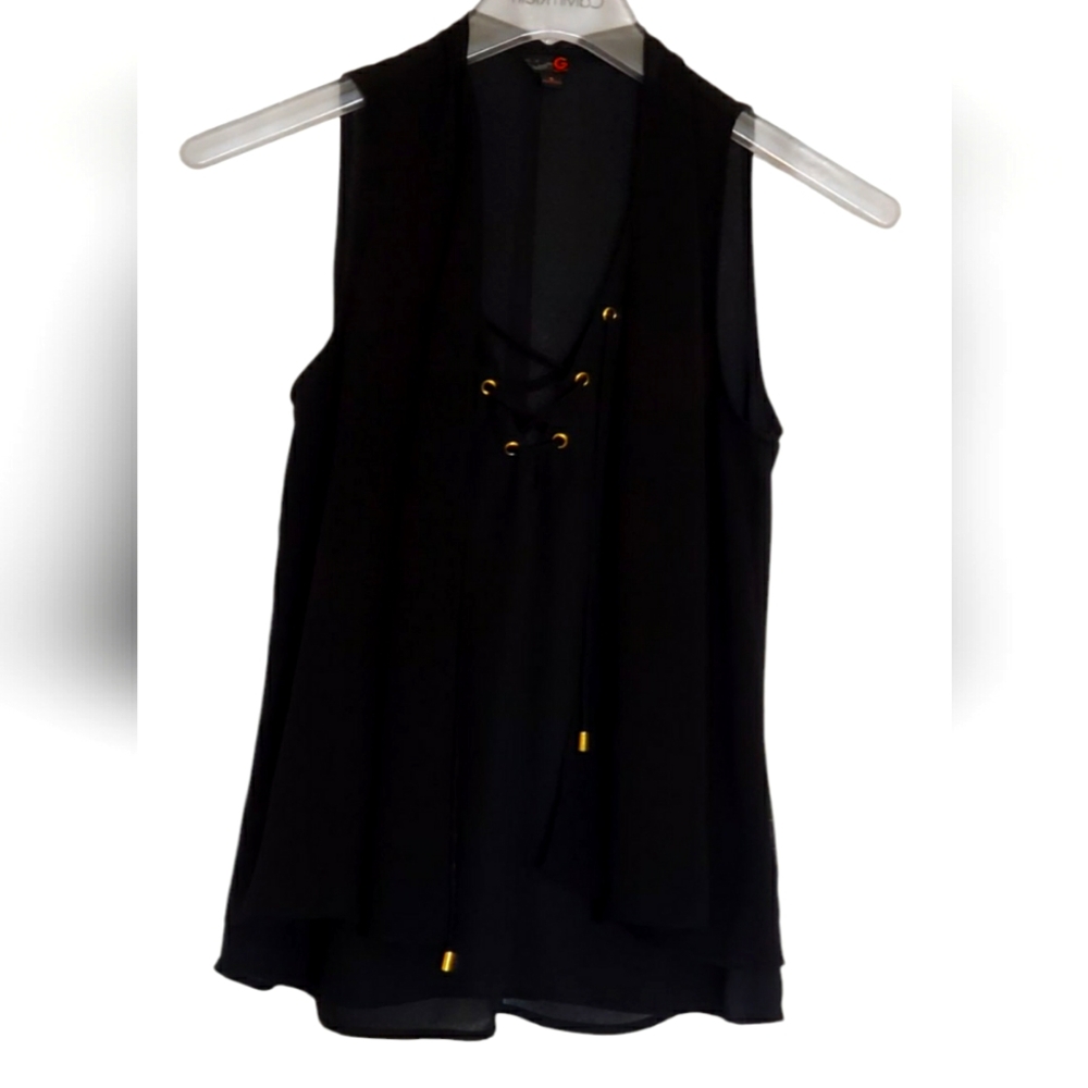 GUESS, BLOUSE TOP WOMEN Sleeveless Black Chiffon Blouse Summer SIZE: S